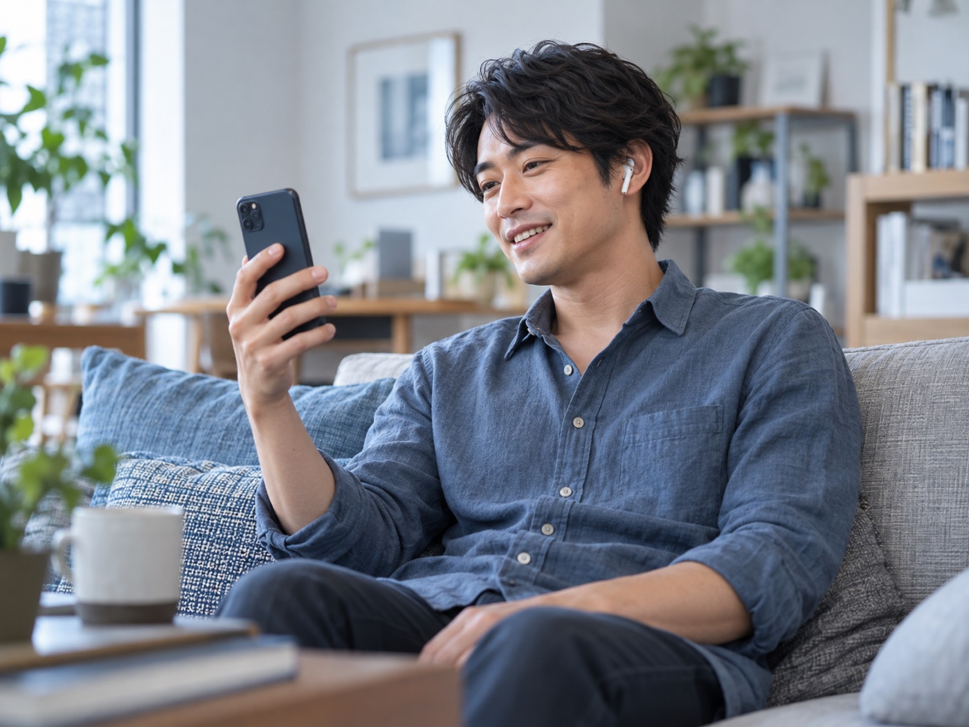 男性が自宅でスマホの会話を楽しむ利用場面