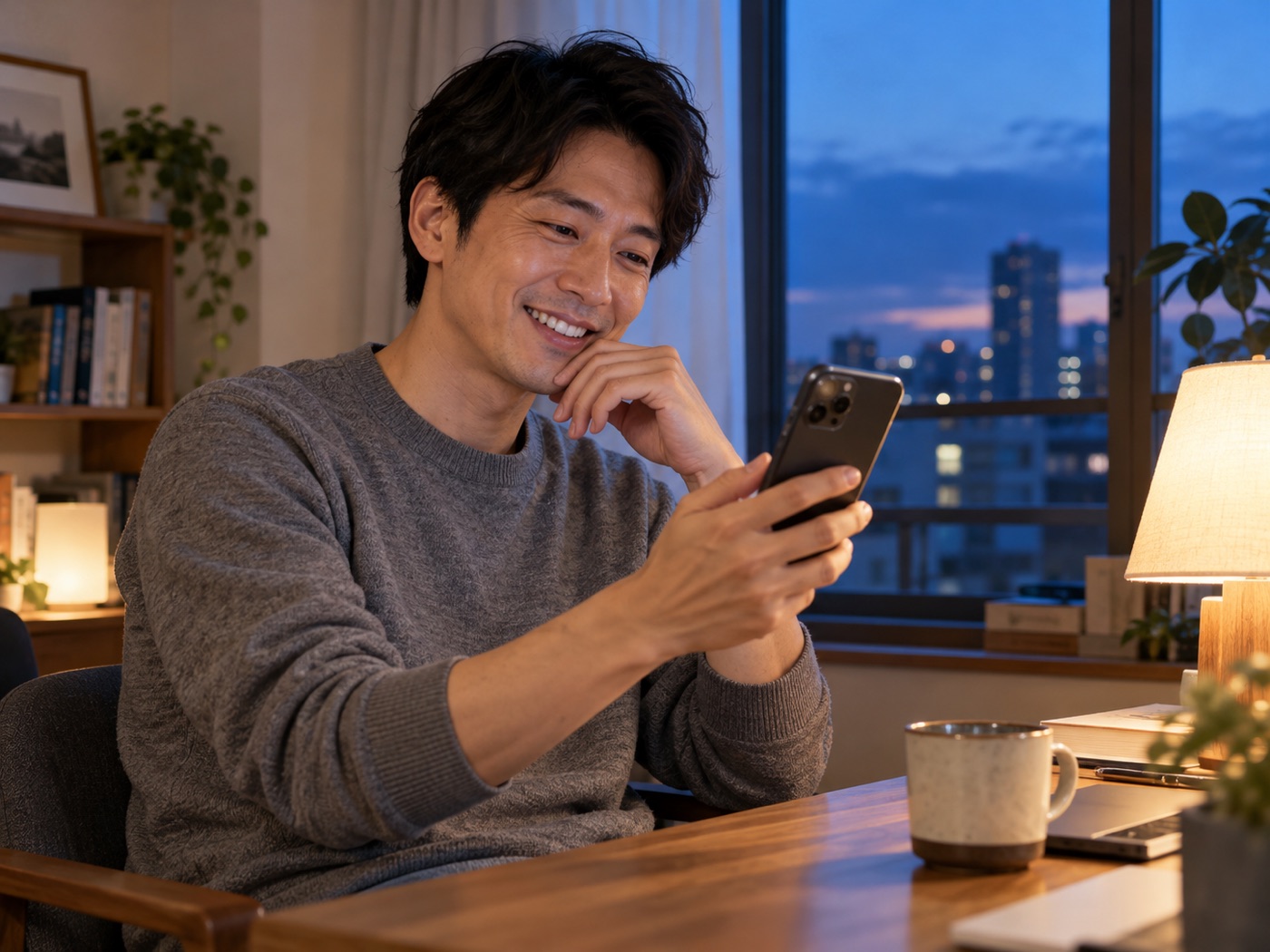 一日の終わりに会話を楽しむ男性のイメージ