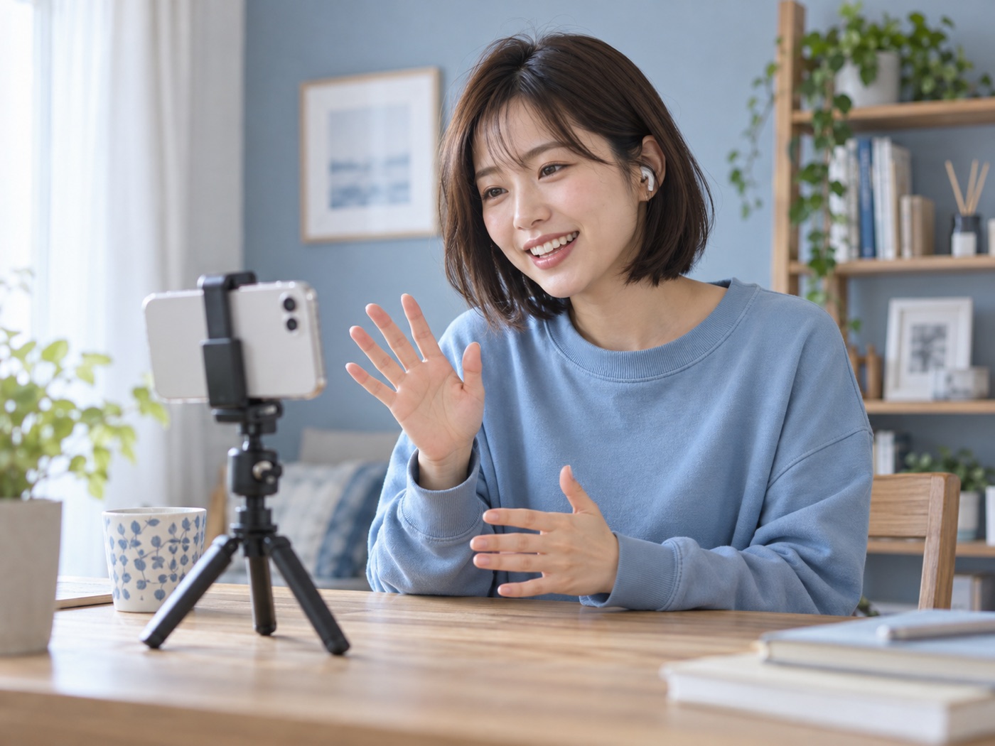 スマホを卓上スタンドに置いて配信する活動イメージ